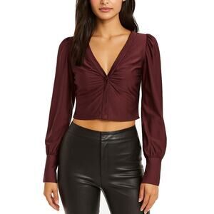 AFRM Plum Satin V Neck Bishop Sleeve Crop Top Size Small